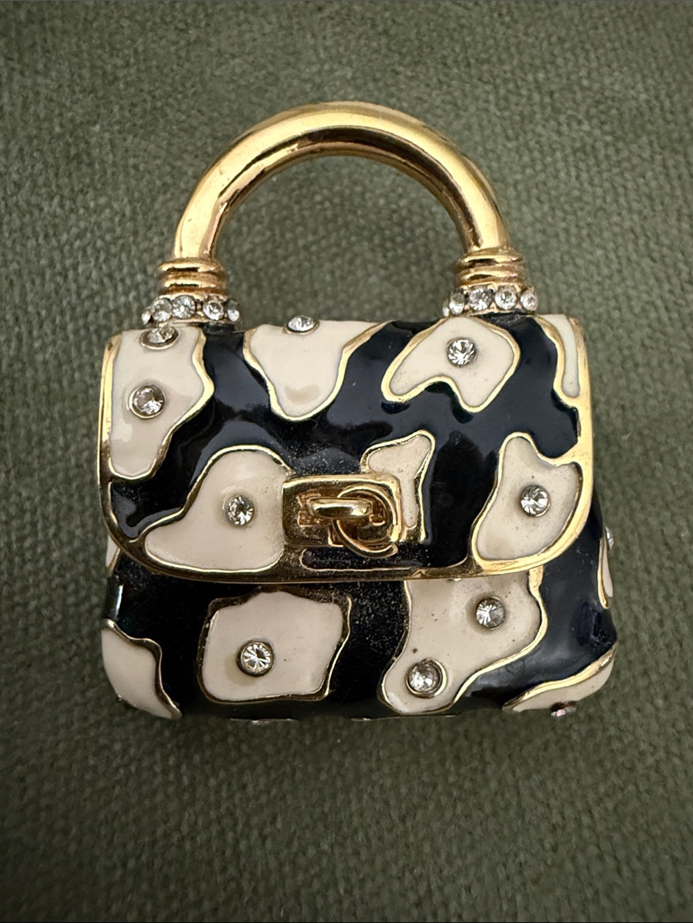 St. John Black and Cream Enamel Mini Top-Handle Brooch with Rhinestones